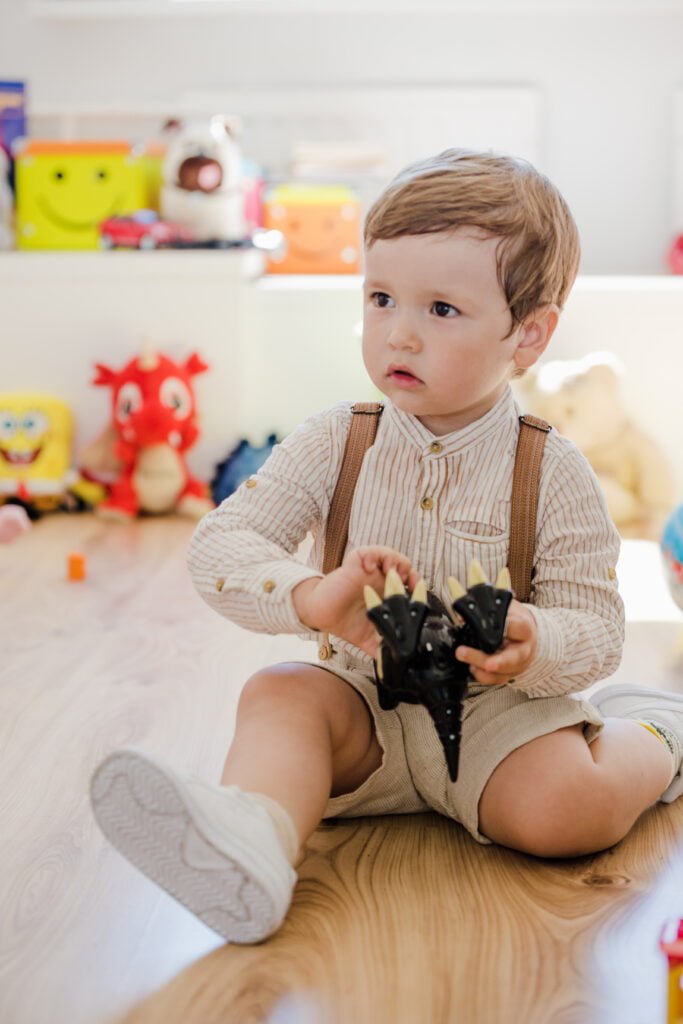 boy sitting playing with dinosaur toy